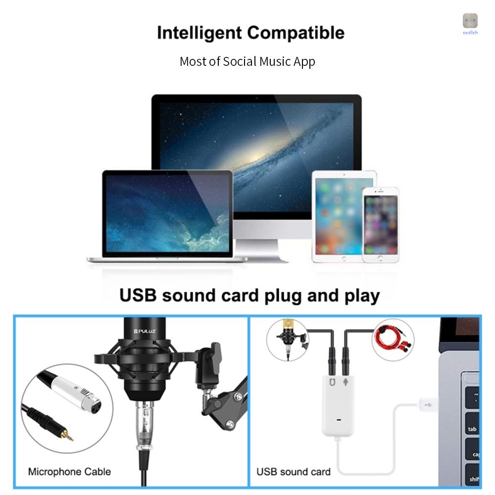 Bộ Micro Điện Dung PULUZ Sing Kèm Giá Đỡ Kim Loại Chống Sốc &amp; Thẻ Âm Thanh USB Chuyên Dụng Hỗ Trợ Phát Sóng Trình Diễn
