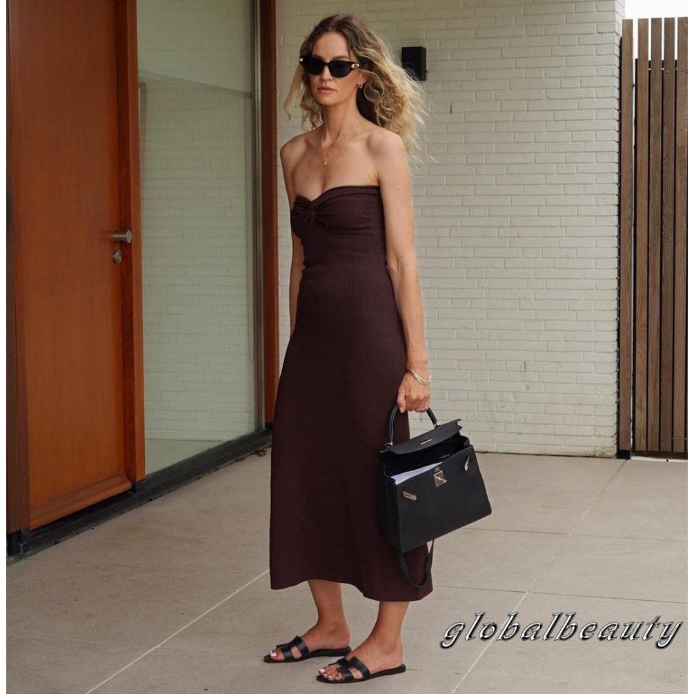 Đầm Maxi Dệt Kim Không Tay Hở Vai Ôm Dáng Thiết Kế Thắt Nút Trước Độc Đáo Thời Trang Cho Nữ