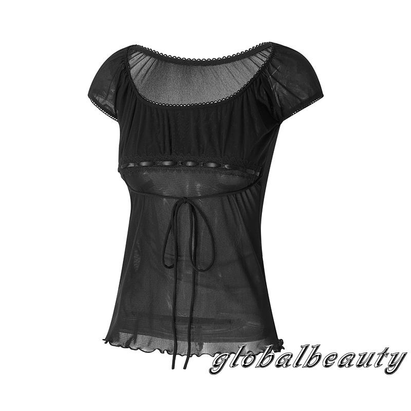 Áo Thun Trễ Vai Phối Ren Hoa Và Dây Rút Gợi Cảm Cho Nữ