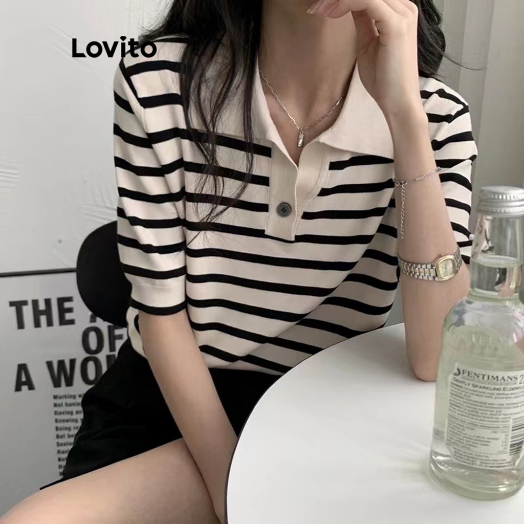 Áo LOVITO dệt kim tay ngắn cổ polo kết hợp màu sắc kẻ sọc thường ngày dành cho nữ LEX01010 (màu mơ)