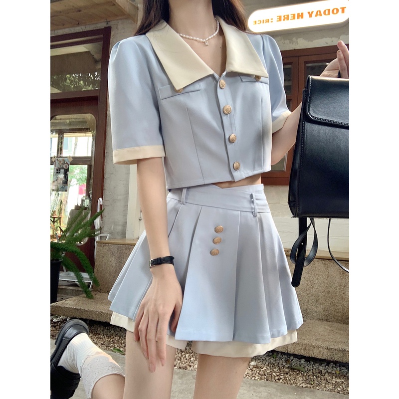 Set Áo Lửng Cổ Bẻ Dài Tay + Quần short Lưng Cao Thời Trang Nữ