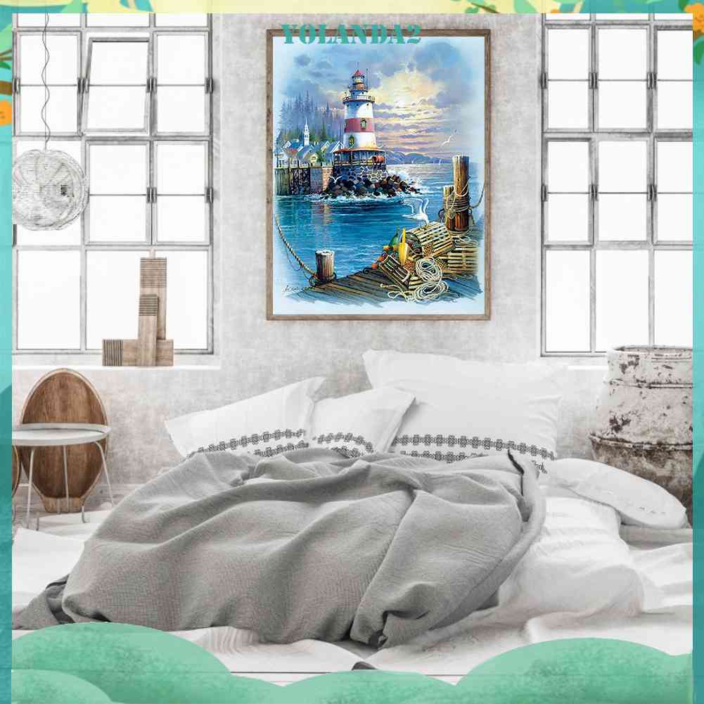 Tranh Thêu Trang Trí Thủ Công 5D Hình Ngọn Hải Đăng Biển (Mũi Thêu Hình X