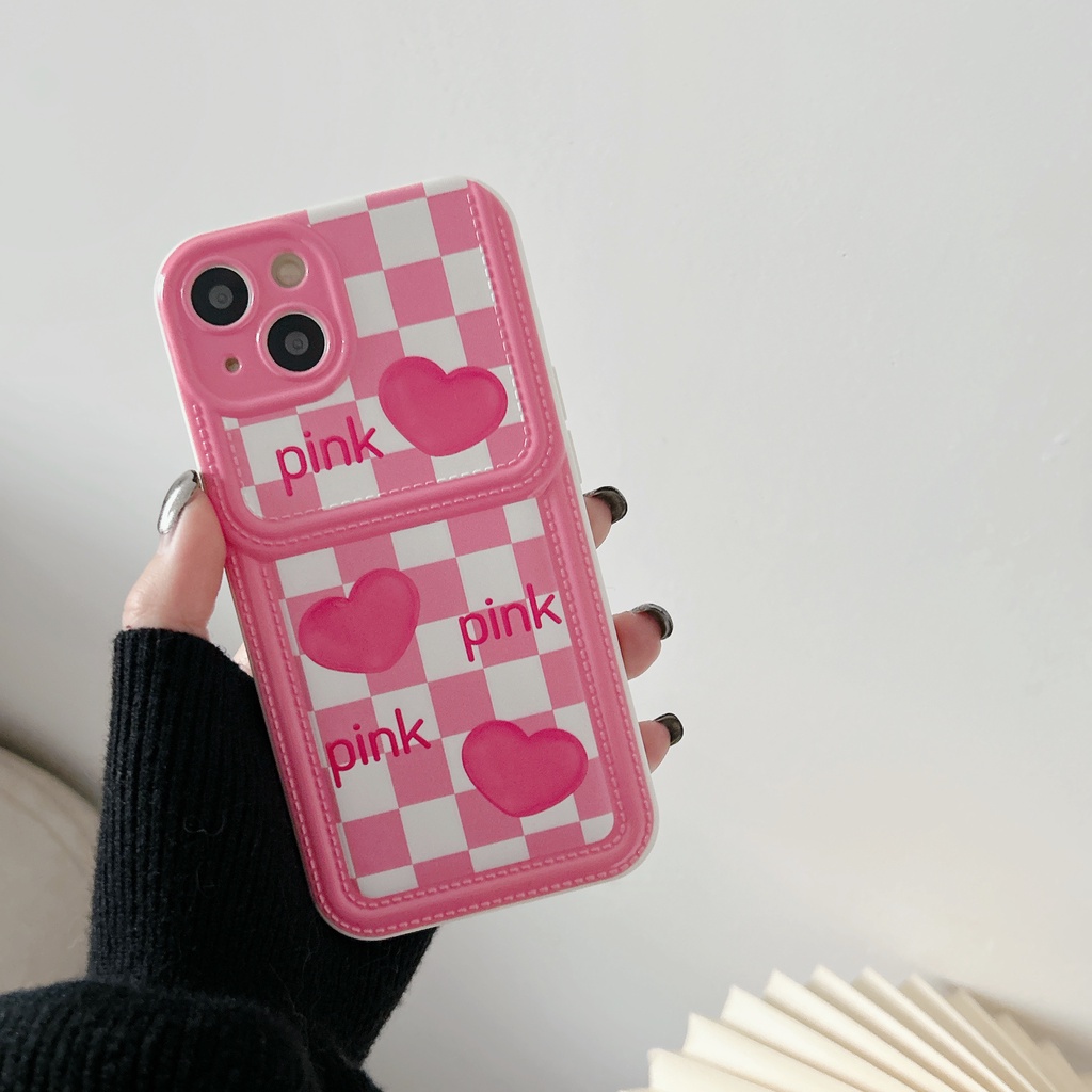 Ốp Điện Thoại Da Viền Silicon Dẻo Màu Hồng Họa Tiết Trái Tim Dễ Thương Chống Sốc Cho iPhone11 12 13 14 Pro Max