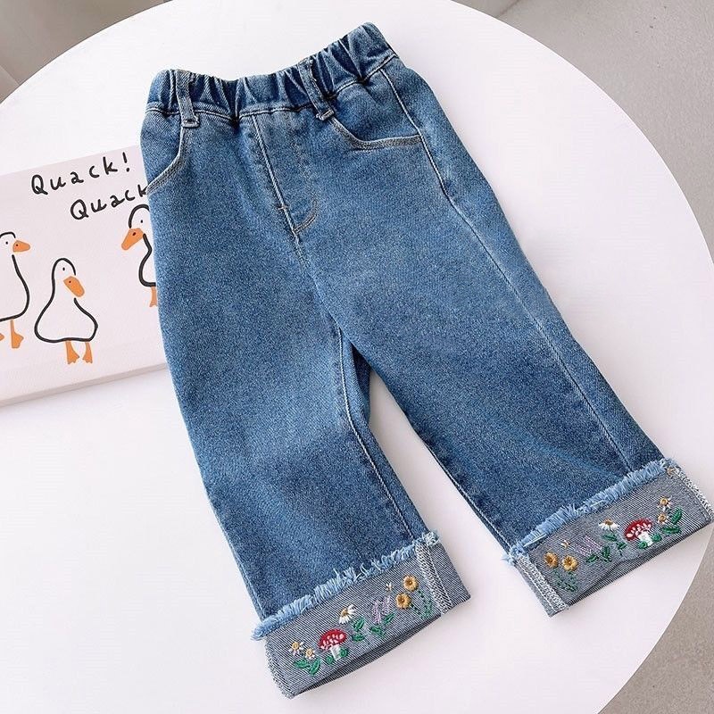 Quần jeans Ống Rộng Màu Trơn Phong Cách Hàn Quốc Dễ Thương Cho Bé