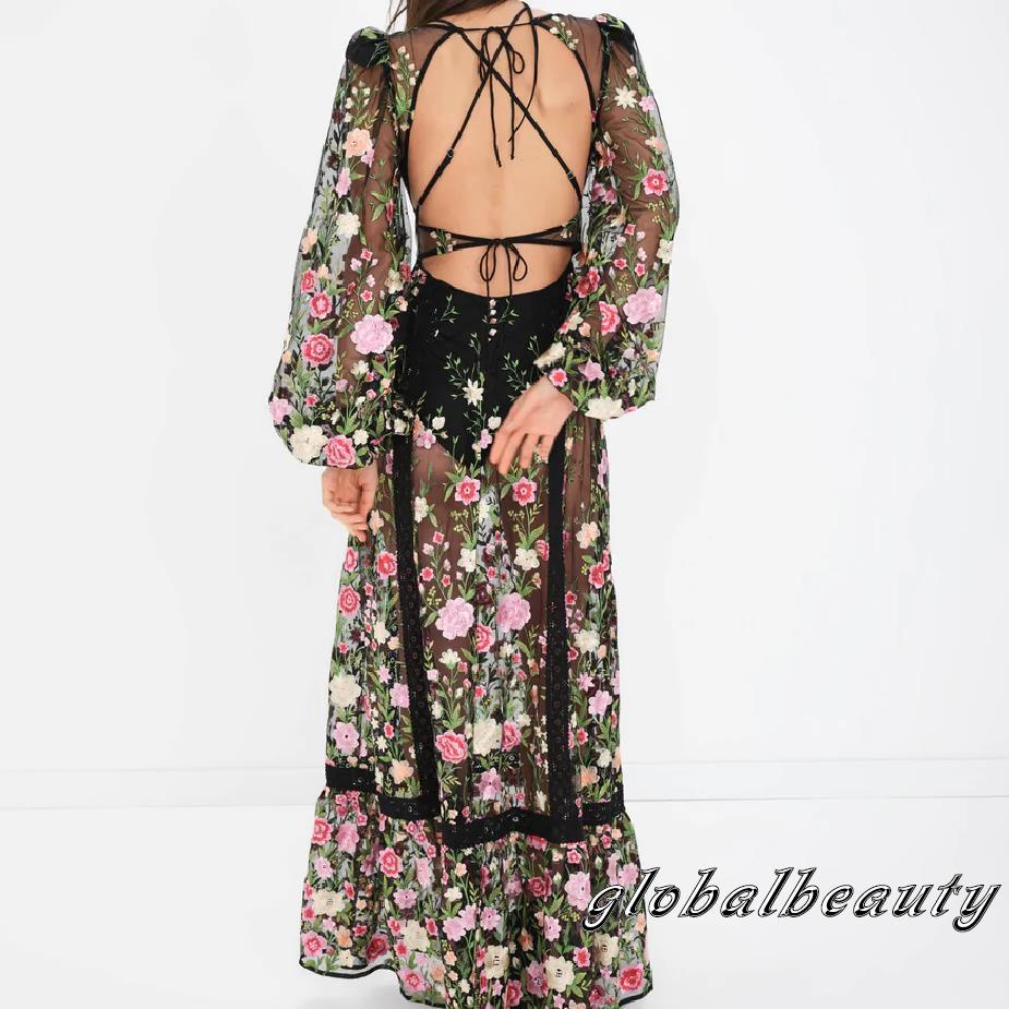 Đầm Dài Tay Cổ Chữ V Hở Lưng Họa Tiết Hoa Thời Trang Mùa Hè Cho Nữ
