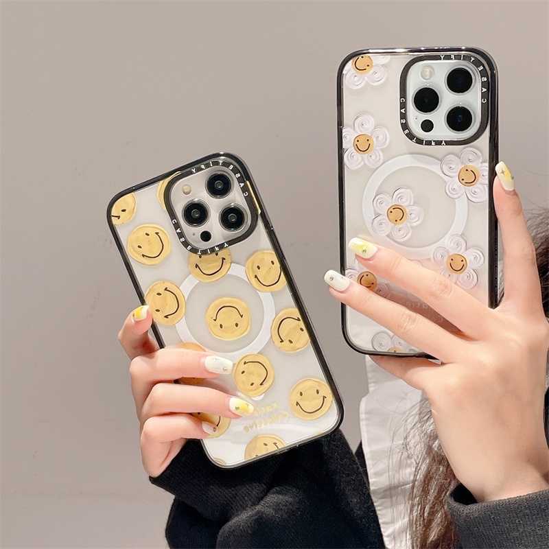 Ốp Điện Thoại Silicon Cứng Trong Suốt Họa Tiết Hoa Mặt Cười Hít Nam Châm Cho iPhone 14 11 12 13 Pro Max