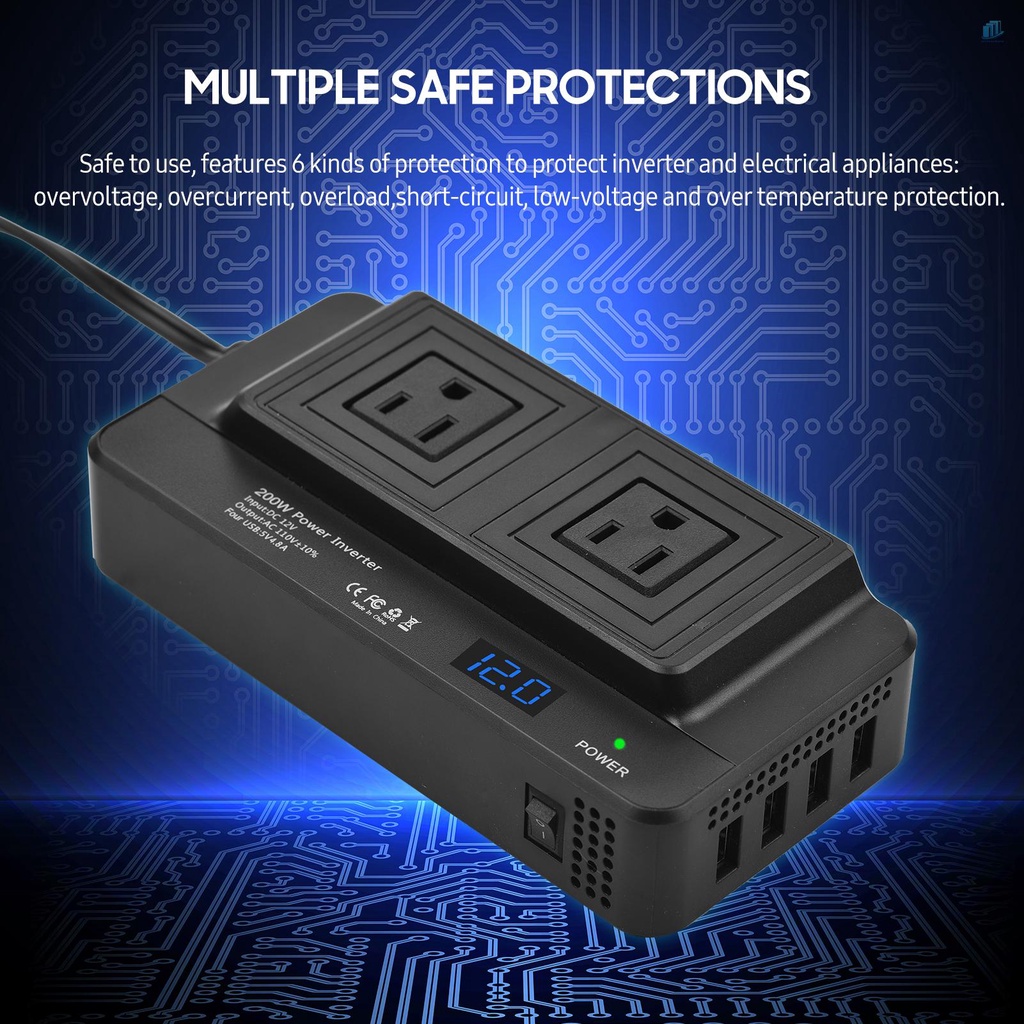 Bộ Chuyển Đổi Nguồn Điện 200W DC 12V Sang AC 110V Với 2 Ổ Cắm AC 4 Cổng USB Cho Xe Hơi