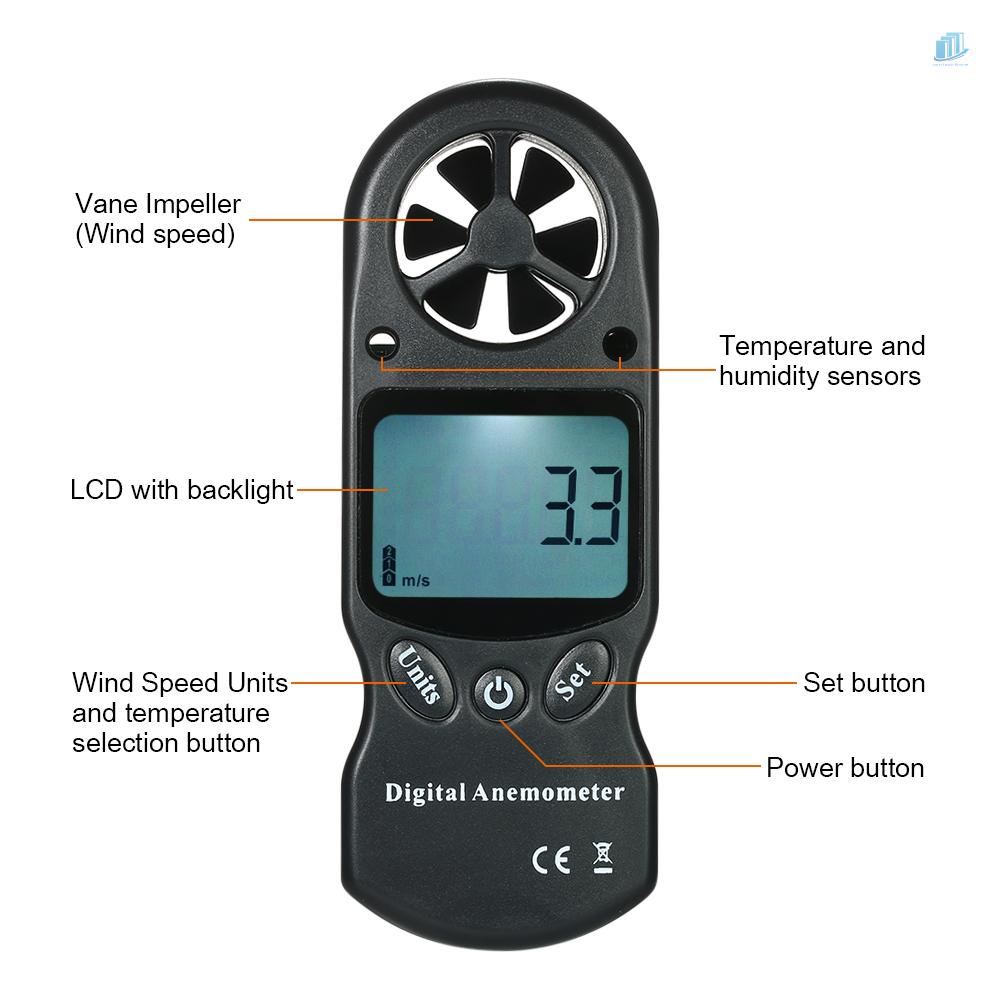 Đồng Hồ Đo Tốc Độ Gió / Nhiệt Độ / Độ Ẩm / Chỉ Số Nhiệt Độ Gió / Lạnh Chill / Điểm Sương Mù Cầm Tay 8 Trong 1 Có Màn Hình LCD Màu Đen