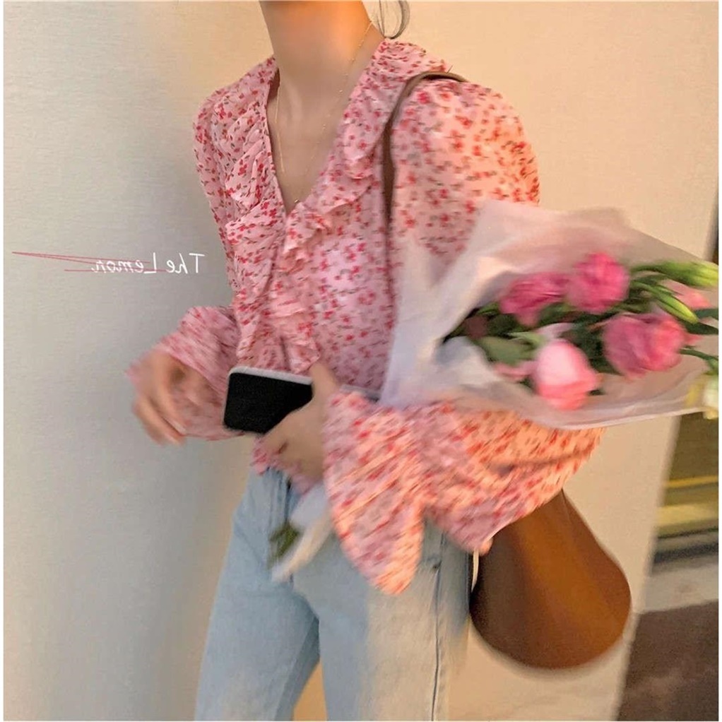 Áo Sơ Mi chiffon Tay Dài In Hoa Kiểu Vintage Xinh Xắn