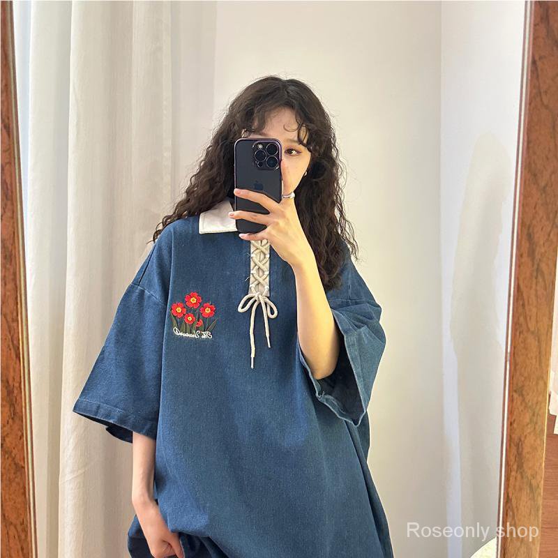 Áo Sơ Mi Denim Tay Ngắn Dáng Rộng Thêu Hoa Kiểu Retro Mỹ Thời Trang Mùa Hè Cho Nữ 1.0-150kg