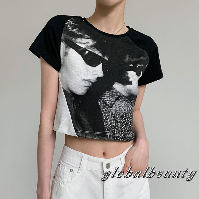 Áo Thun Crop Top Tay Ngắn Cổ Tròn Màu Đen In Hình Chân Dung Vintage Cho Nữ