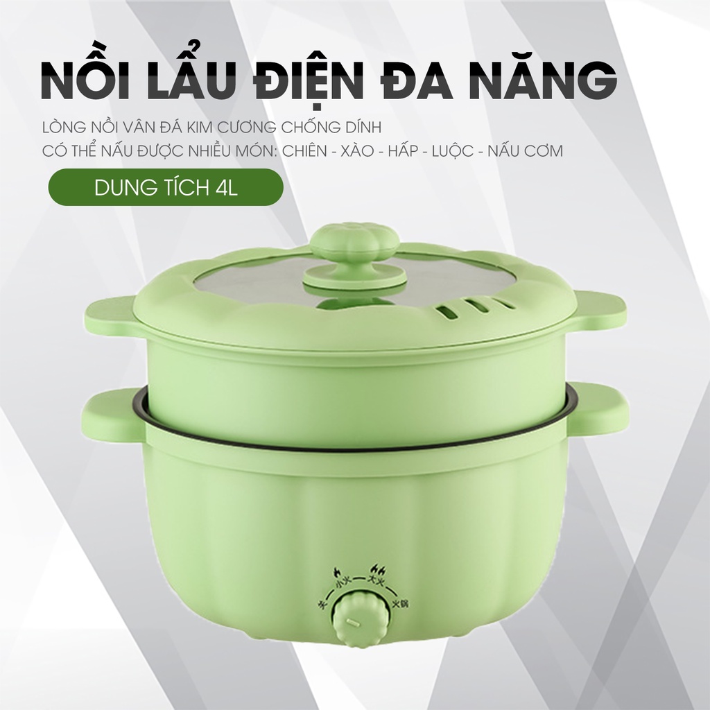 Nồi lẩu điện bí ngô dung tích 4L có xửng hấp tặng kèm sạn gỗ, nồi lẩu nấu nhanh vệ sinh dễ dàng - BH 3 tháng
