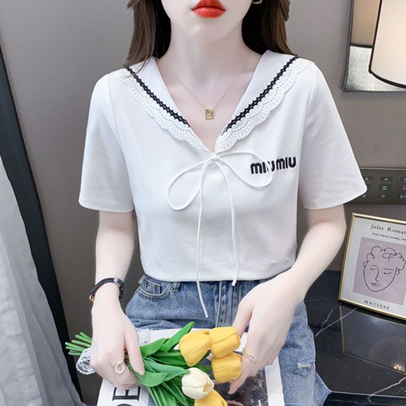 Áo Thun Ngắn Tay Cổ Thủy Thủ Thắt Nơ Thêu Chữ Phong Cách Mới 2023 5tlr Cho Nữ