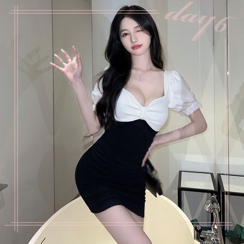 Đầm Tay Ngắn Phồng Ôm Dáng Màu Tương Phản Quyến Rũ Thời Trang Mùa Hè Cho Nữ