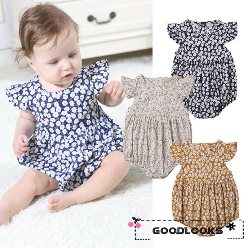 Bộ Áo Liền Quần Tay Bèo Cổ Tròn Cài Nút Sau Lưng In Hoa Thời Trang Mùa Hè