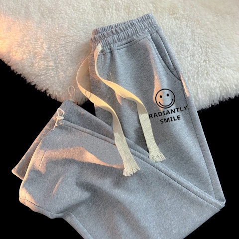 Quần Dài Thể Thao Lưng Cao Dáng Rộng In Hình Mặt Cười Phong Cách Harajuku Thời Trang Cho Nữ