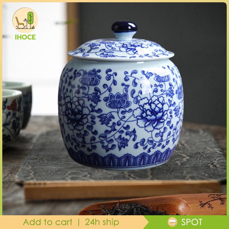 Lọ Đựng Trà Gừng Bằng Sứ Màu Trắng Xanh Trung Hoa Có Nắp Đậy Để Bàn Đa Năng Trang Trí Nhà Bếp