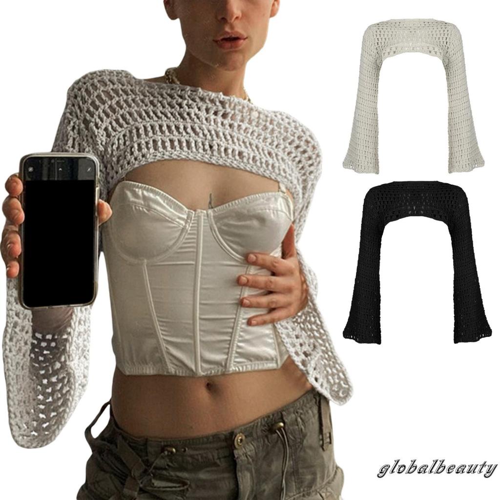 Áo Dệt Kim Tay Loe Dài Màu Sắc Đơn Giản Cho Nữ