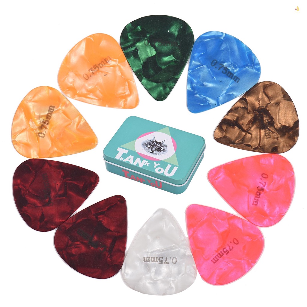 Bộ 60 Miếng Gảy Đàn Guitar Celluloid Có Hộp Đựng Bằng Kim Loại Dành Cho Đàn Guitar Bass / Điện / Guitar Cổ Điển 0.