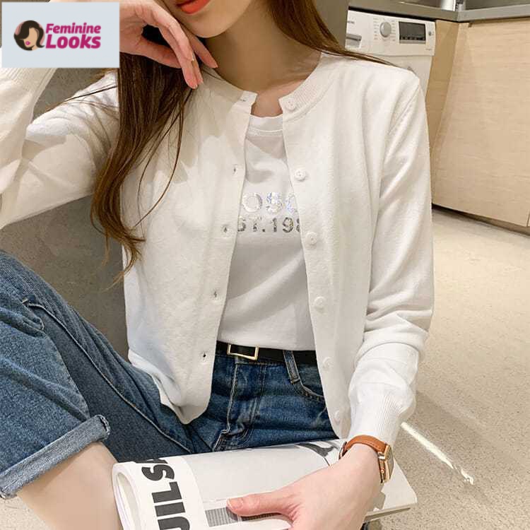 Áo Khoác Cardigan Dệt Kim Mỏng Dáng Ngắn Thời Trang