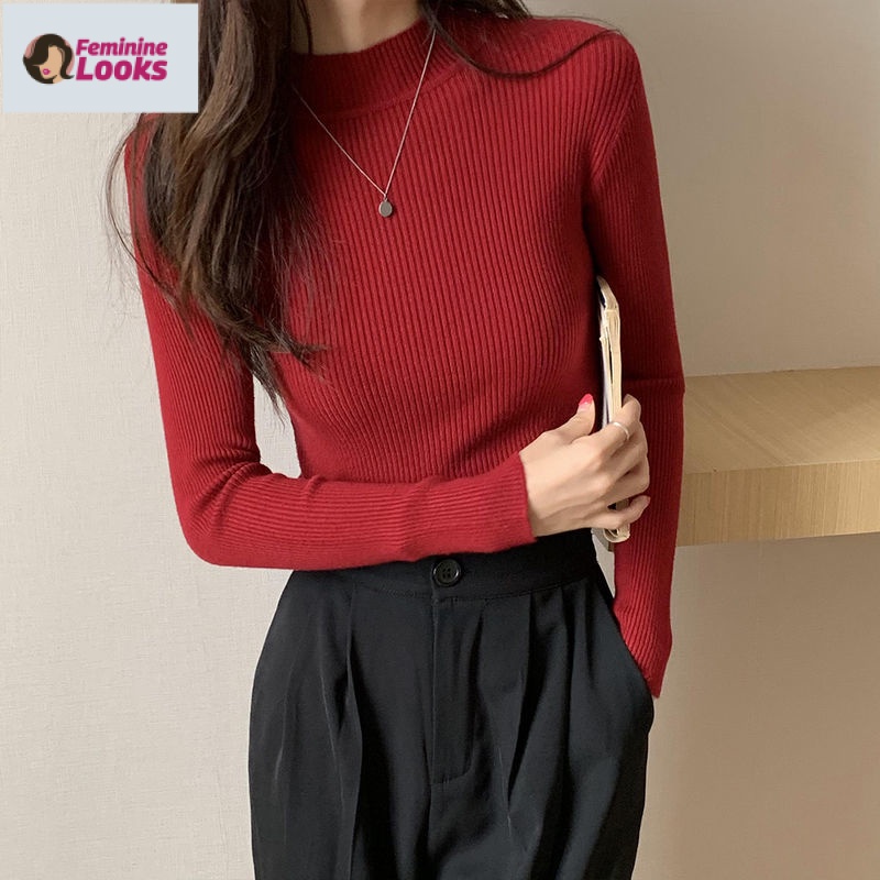 Áo Sweater Tay Dài Cổ Lọ Màu Đỏ Phong Cách Giáng Sinh