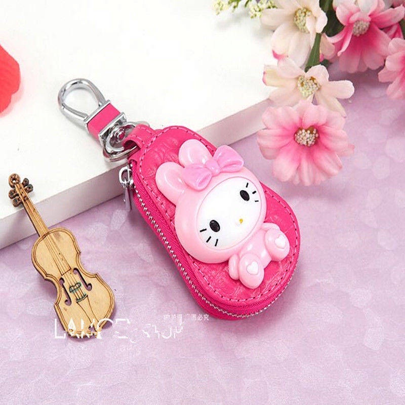 High-End Cowhide Cute Kitty Key Case Female Korean Creative Genuine Leather Car Key Ring Female Cartoon Key Bag nnxE