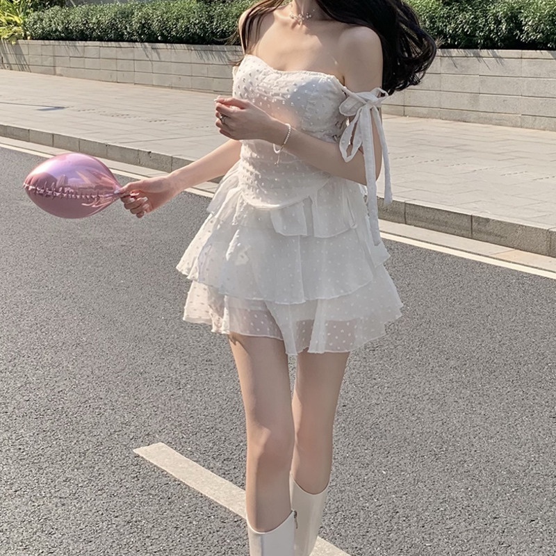 Đầm Hai Dây Xếp Tầng Màu Trắng Thời Trang Cho Nữ