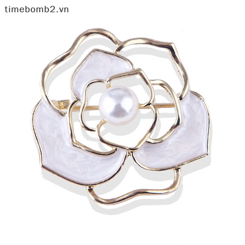 {Timebomb} Ghim Cài Áo Hình Hoa Trà Khoét Rỗng Đính Ngọc Trai Phụ Kiện Đi Tiệc Cho Nữ