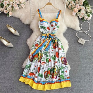 Đầm Hai Dây Dáng Chữ A Lưng Cao In Họa Tiết Vintage Thời Trang Mùa Hè Quyến Rũ Cho Nữ