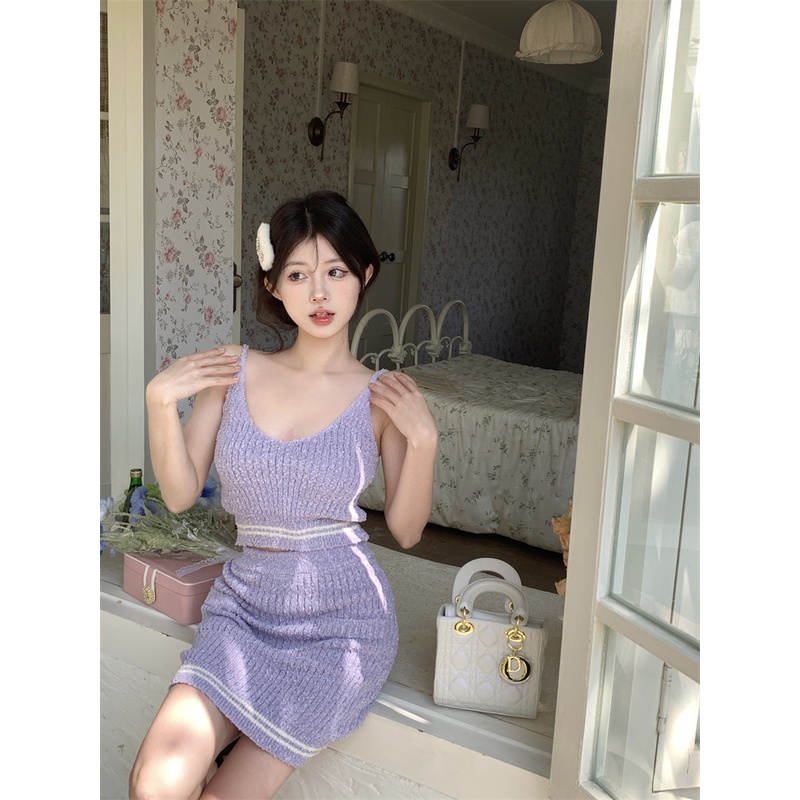 Set Áo Hai Dây + Chân Váy Dệt Kim Đơn Giản Thời Trang Cho Nữ