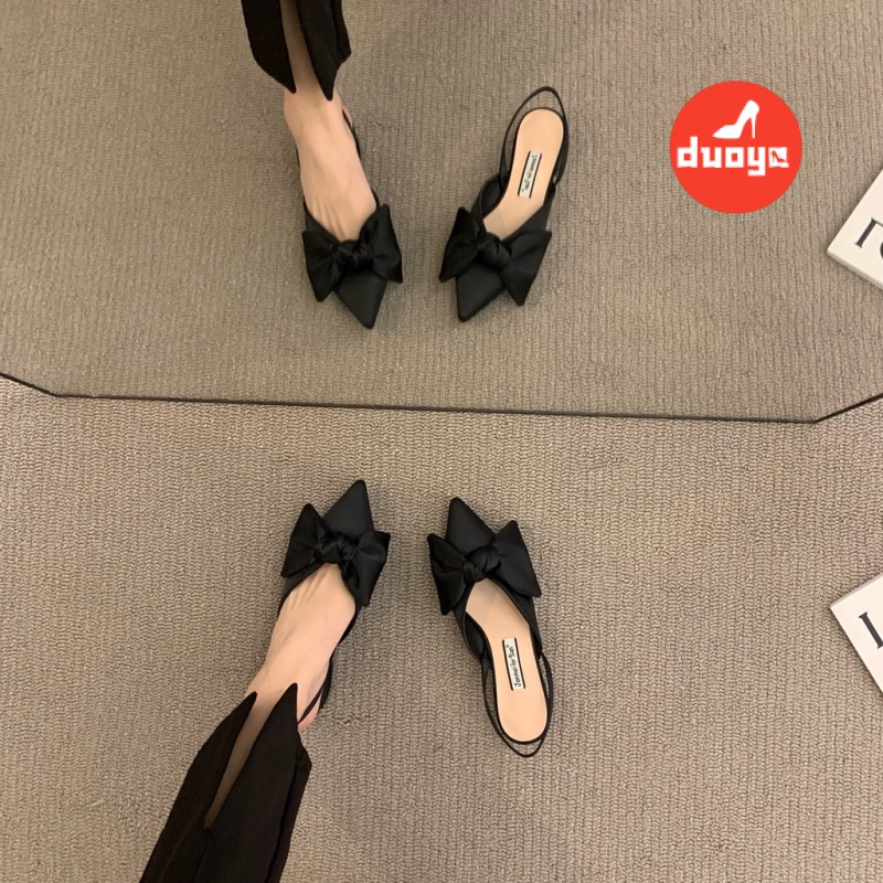 Duoya Giày Sandal Mũi Nhọn Gót Dày Đính Nơ Họa Tiết Chấm Bi Xinh Xắn