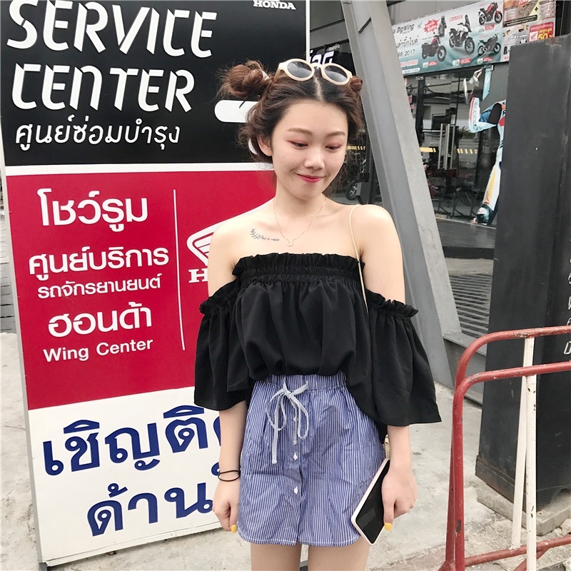 IELGY     Áo chiffon Tay Ngắn Cổ Tròn Trễ Vai Thời Trang Dành Cho Nữ