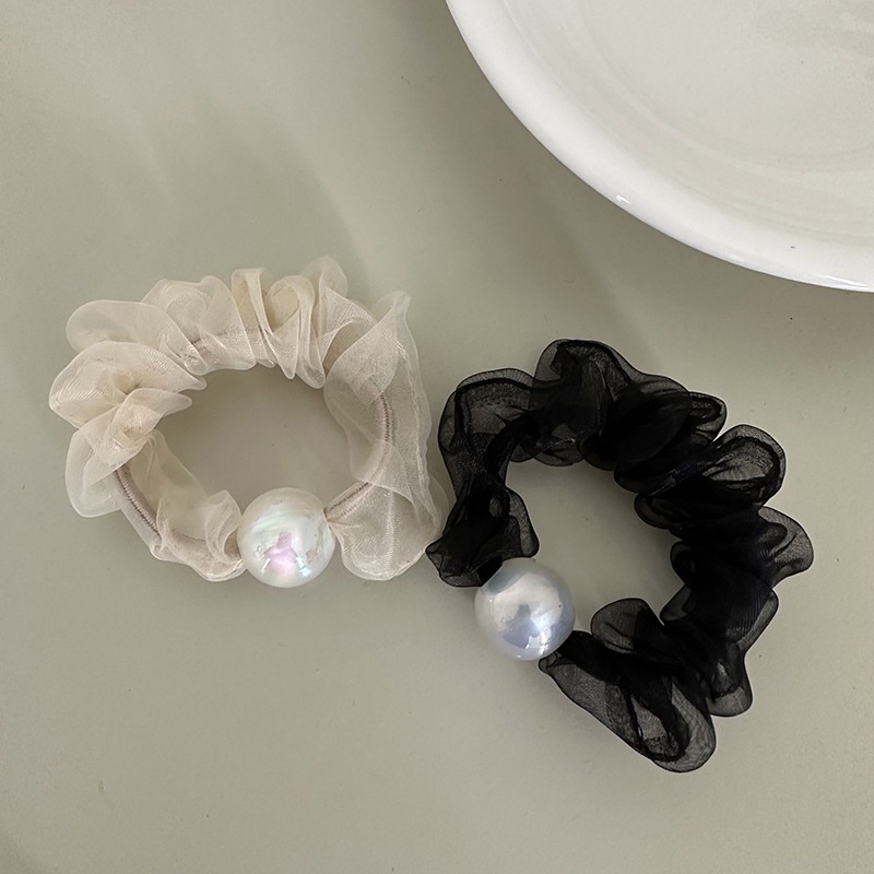 Dây Cột Tóc Lưới Co Giãn Đính Hạt Ngọc Trai Màu Đen / Be Phong Cách Hàn Quốc