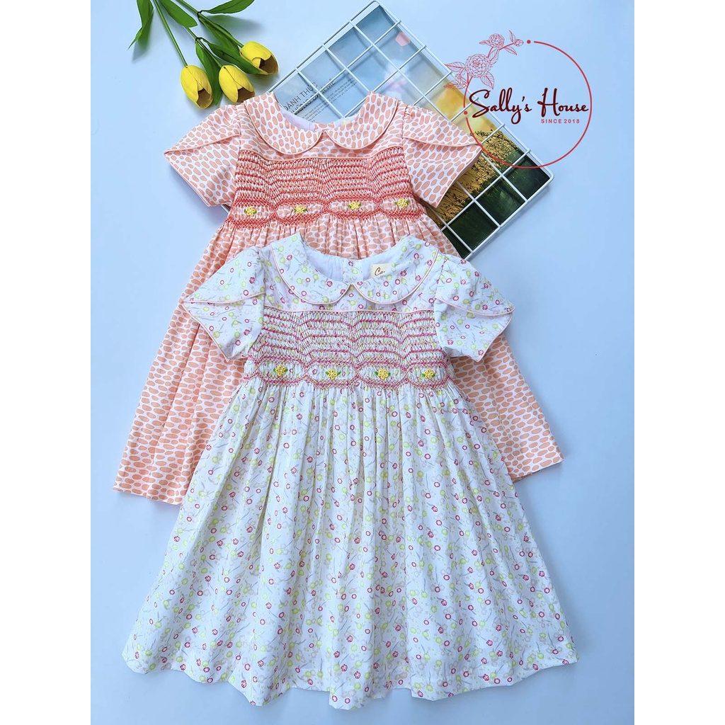 Đầm cho bé gái, đầm Smock họa tiết hoa cam và hoa hồng, vải mềm đẹp, ít nhăn, đầm smock cổ sen.