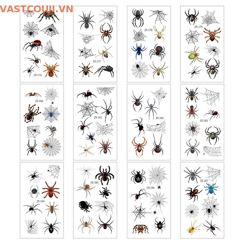 Set 12 Hình Xăm Dán Họa Tiết Mạng Nhện Đen Trang Trí Cơ Thể Dịp Halloween