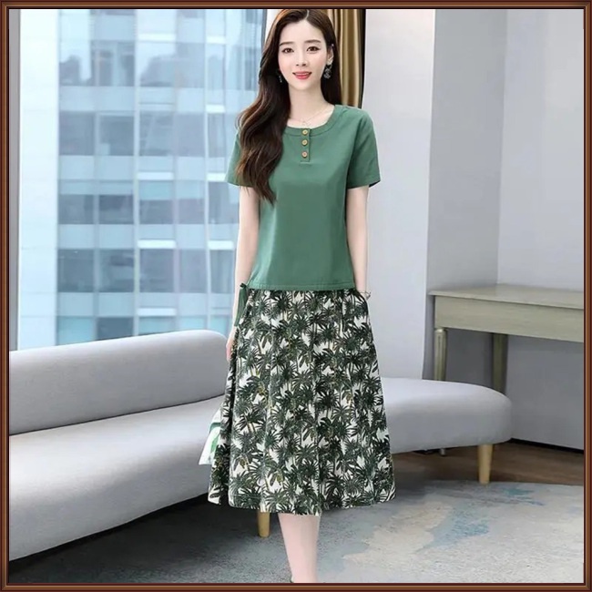 Bộ Trang Phục 2 Mảnh Áo Thun Tay Ngắn Cổ Tròn In Họa Tiết Hoa Phối Chân Váy Midi Thời Trang Cho Nữ