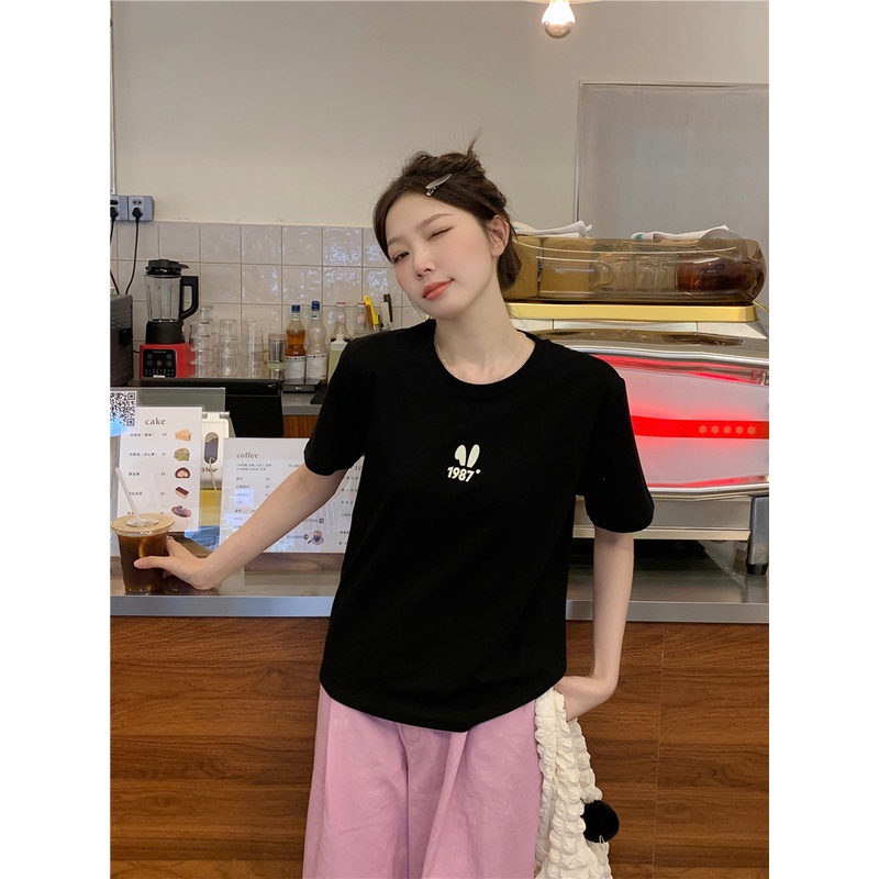 Áo Thun Tay Ngắn Dáng Rộng In Hình Tai Thỏ Ba Chiều Thời Trang Mùa Hè Cho Nữ