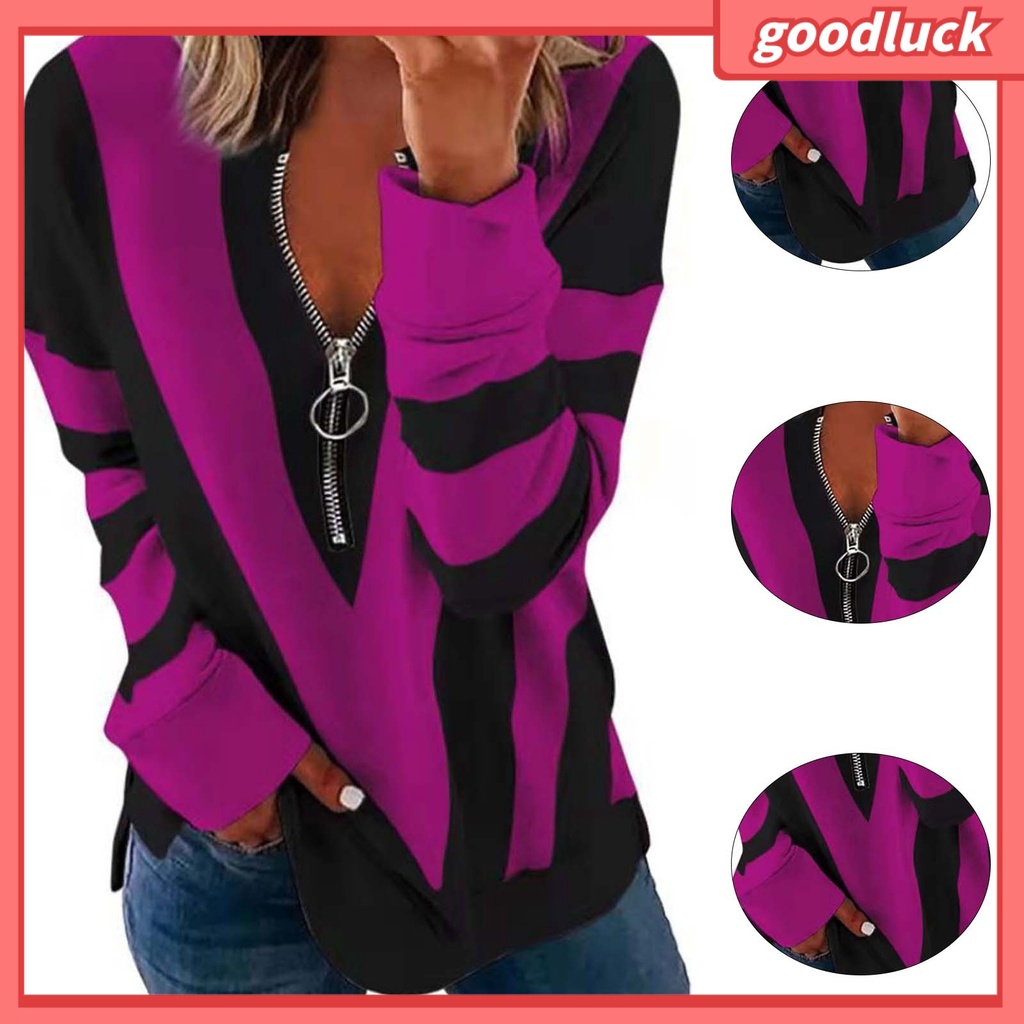 Áo Kiểu Tay Dài Mềm Mại Co Giãn Cổ Chữ V In Họa Tiết Kẻ Sọc Phối Khóa Kéo Cho Nữ
