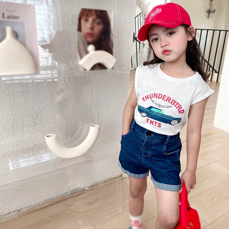 Bộ Khung Đồ Chơi Cho Bé❤Quần Short Denim Ống Rộng Màu Trơn Đính Nút Thời Trang Mùa Hè Hàn Quốc Cho Bé Gái 3-8 Tuổi