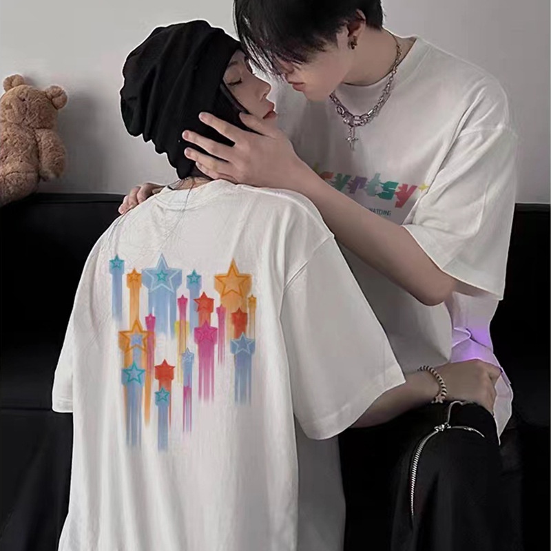 Áo Thun Cotton Ngắn Tay Dáng Rộng In Hình Ngôi Sao Thời Trang Mùa Hè Phong Cách Mới Cho Cặ