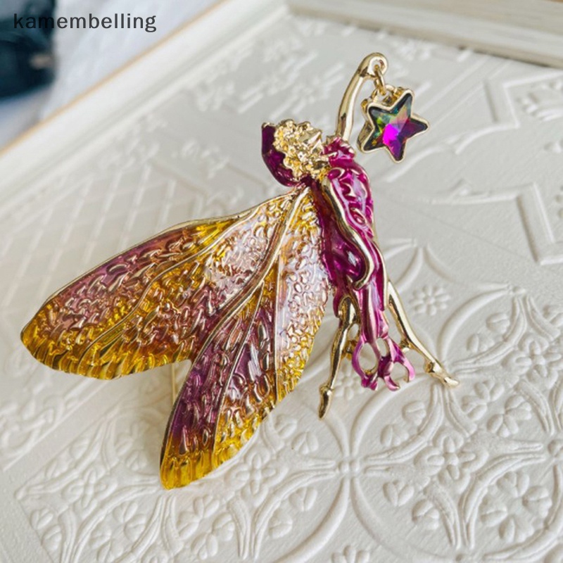 Kamembelling Ghim Cài Áo Hình Đôi Cánh Thiên Thần Màu Gradient Tráng Men Ngôi Sao May Mắn Phong Cách Vintage Phụ Kiện Cho Nữ EN