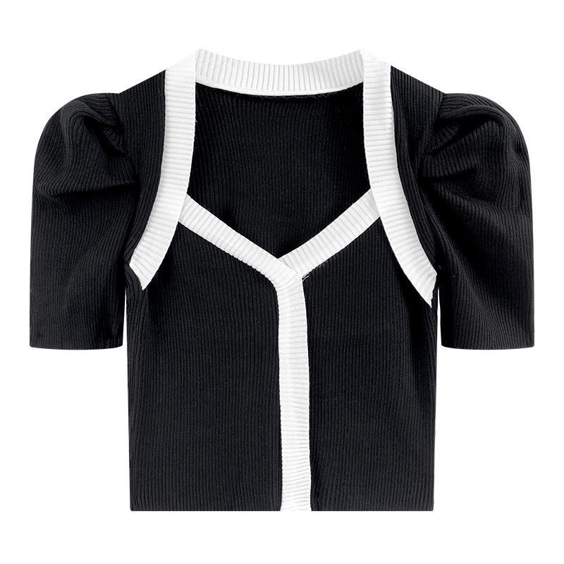 NZN Áo Thun Dệt Kim Tay Ngắn Cổ Chữ V Màu Đen Phong Cách vintage Dành Cho Nữ