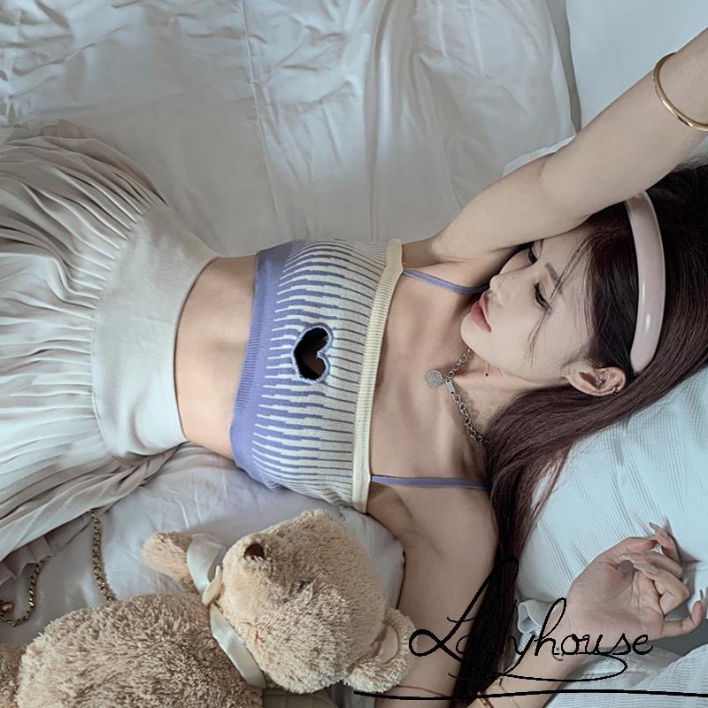 Áo Croptop Hai Dây Dệt Kim Họa Tiết Trái Tim Màu Sắc Tương Phản Thời Trang Mùa Hè Cho Nữ