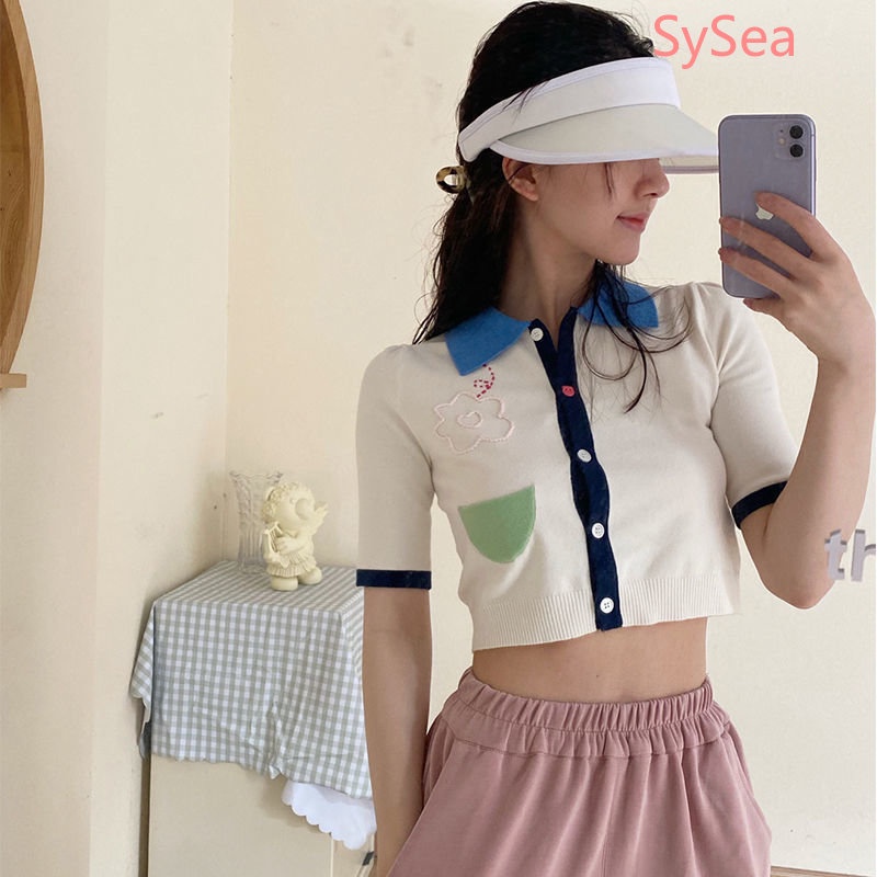 Áo Thun Polo Dệt Kim Thời Trang Mùa Hè Hàn Quốc Cho Nữ
