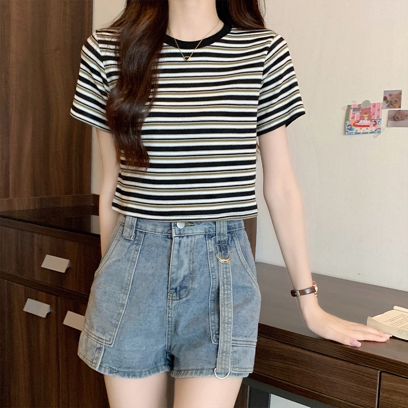 SUXI Áo Thun Ngắn Tay Cổ Tròn Họa Tiết Kẻ Sọc Phong Cách Vintage