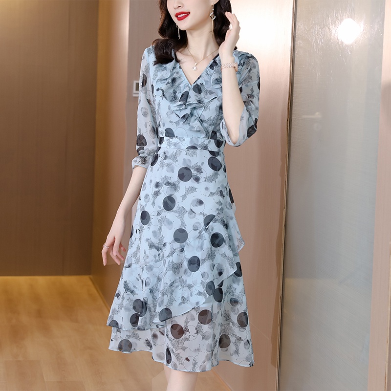 Hàng Mới Về Đầm Dài Qua Gối Ôm Eo Phối Bèo Họa Tiết Hoa / Chấm Bi Màu Xanh Dương Nhỏ Nhắn Thời Trang Mùa Hè Hàng