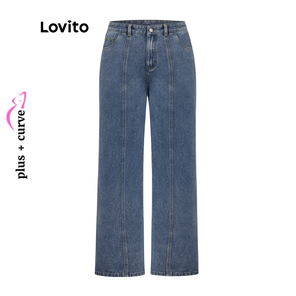 Quần jean LOVITO có túi nút cài khóa kéo màu trơn viền cong size lớn thường ngày cho nữ LPS08106 (màu xanh dương)