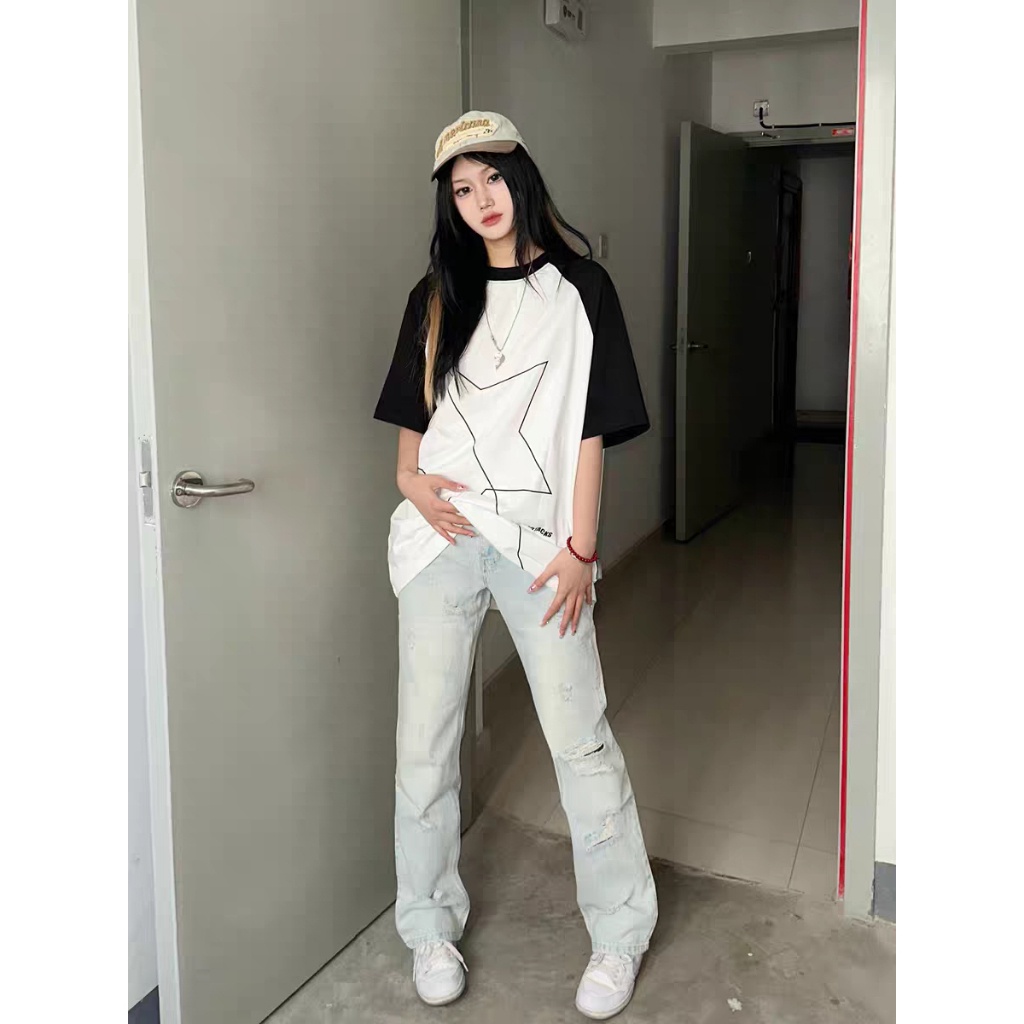 Áo thun tay lỡ Raglan phối màu tay áo đen trắng họa tiết ngôi sao 2 chiều áo form rộng Hot hè 2023