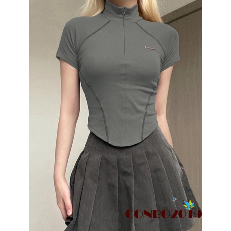 Áo Crop Top Tay Ngắn Cổ Đứng Phối Khóa Kéo Thời Trang Cho Nữ