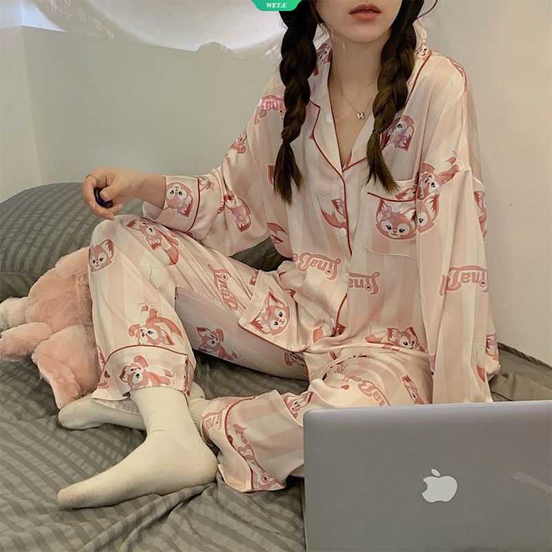 Bộ Đồ Ngủ Tay Dài Dáng Rộng In Họa Tiết Hoạt Hình Kiểu Hàn Quốc Thời Trang Xuân Thu Cho Nữ